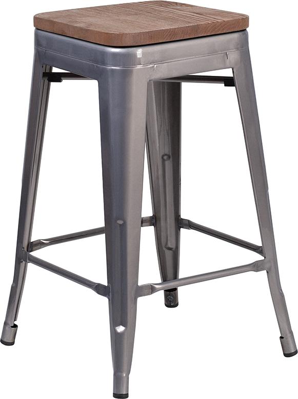 Flash Furniture 24″ High Backless Clear Coated Metal Counter Height Stool with Square Wood Seat – XU-DG-TP0004-24-WD-GG on Sale