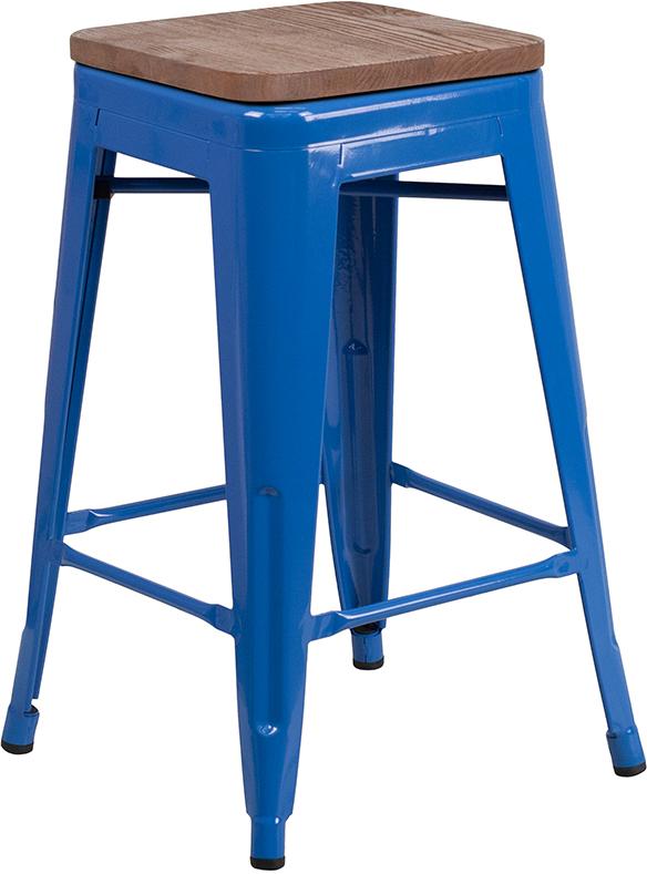 Flash Furniture 24″ High Backless Blue Metal Counter Height Stool with Square Wood Seat – CH-31320-24-BL-WD-GG Hot on Sale