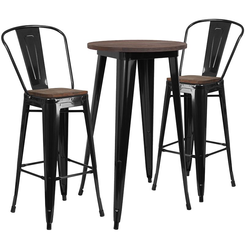 Flash Furniture 24″ Round Black Metal Bar Table Set with Wood Top and 2 Stools – CH-WD-TBCH-22-GG Online Hot Sale