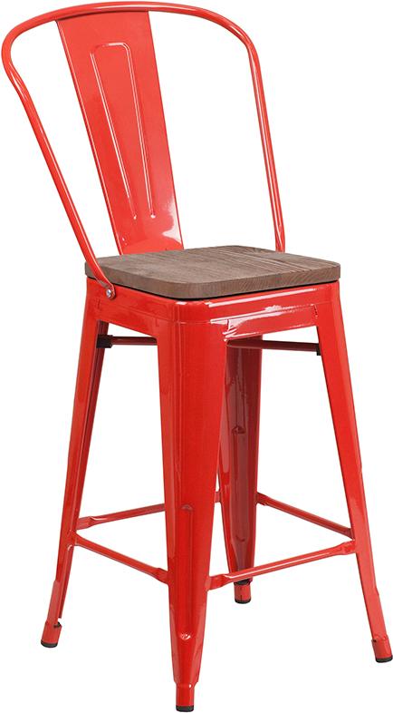 Flash Furniture 24″ High Red Metal Counter Height Stool with Back and Wood Seat – CH-31320-24GB-RED-WD-GG Discount