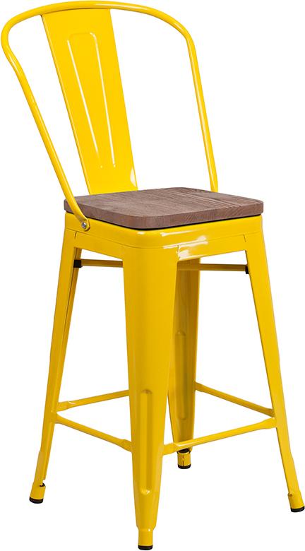 Flash Furniture 24″ High Yellow Metal Counter Height Stool with Back and Wood Seat – CH-31320-24GB-YL-WD-GG on Sale