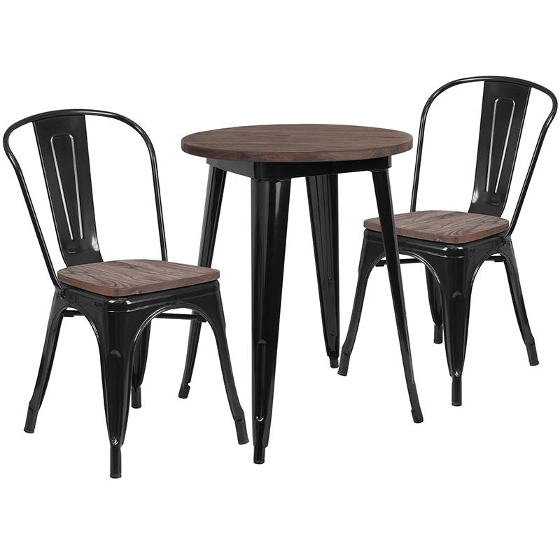 Flash Furniture 24″ Round Black Metal Table Set with Wood Top and 2 Stack Chairs – CH-WD-TBCH-21-GG Online Hot Sale