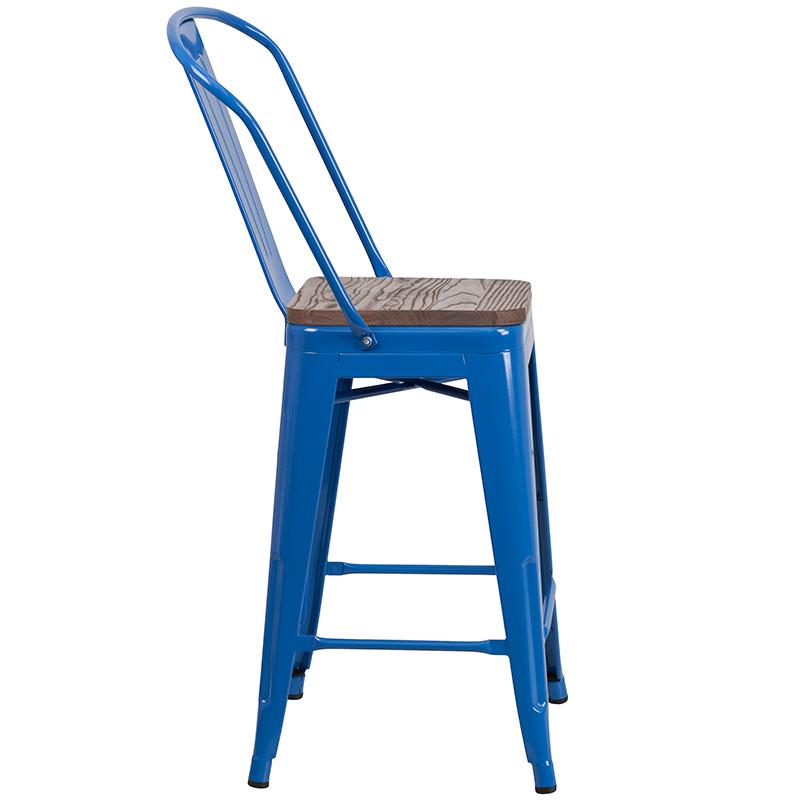 Flash Furniture 24″ High Blue Metal Counter Height Stool with Back and Wood Seat – CH-31320-24GB-BL-WD-GG Hot on Sale