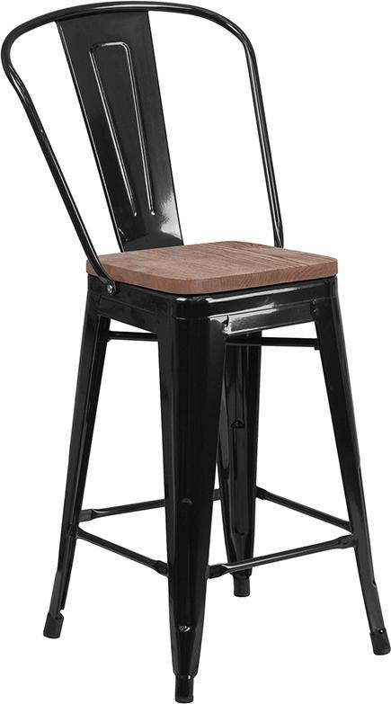 Flash Furniture 24″ High Black Metal Counter Height Stool with Back and Wood Seat – CH-31320-24GB-BK-WD-GG Online Hot Sale