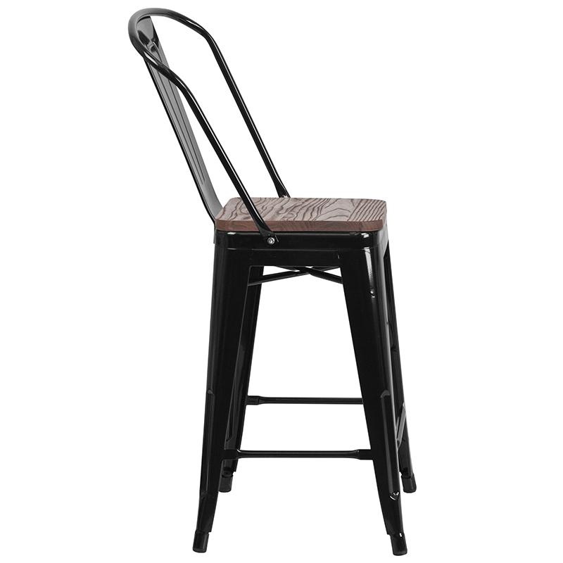 Flash Furniture 24″ High Black Metal Counter Height Stool with Back and Wood Seat – CH-31320-24GB-BK-WD-GG Online Hot Sale