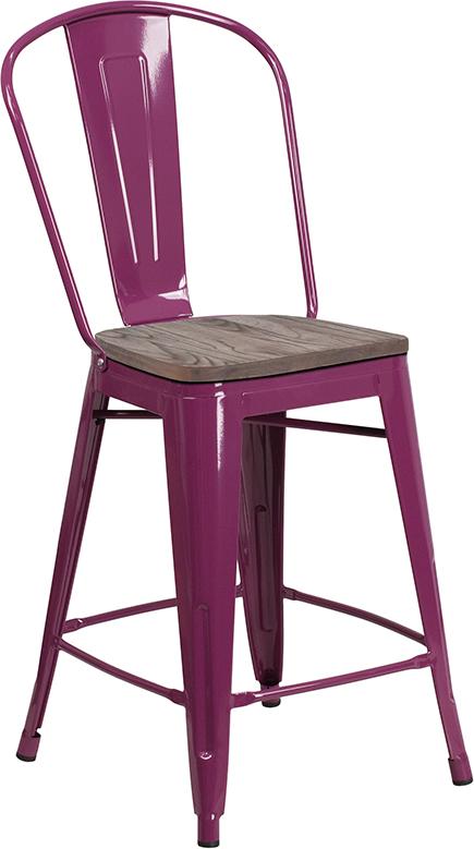 Flash Furniture 24″ High Purple Metal Counter Height Stool with Back and Wood Seat – ET-3534-24-PUR-WD-GG Online now