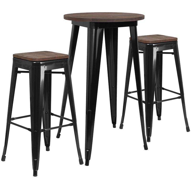 Flash Furniture 24″ Round Black Metal Bar Table Set with Wood Top and 2 Backless Stools – CH-WD-TBCH-23-GG on Sale