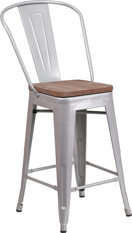 Flash Furniture 24″ High Silver Metal Counter Height Stool with Back and Wood Seat – CH-31320-24GB-SIL-WD-GG Online Hot Sale