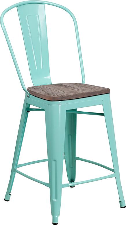 Flash Furniture 24″ High Mint Green Metal Counter Height Stool with Back and Wood Seat – ET-3534-24-MINT-WD-GG Online now