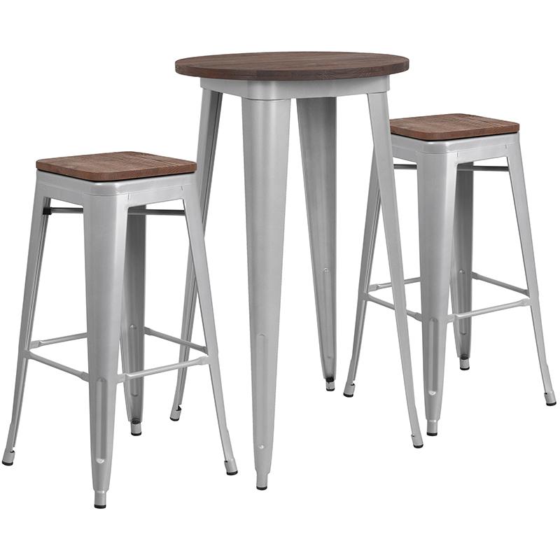 Flash Furniture 24″ Round Silver Metal Bar Table Set with Wood Top and 2 Backless Stools – CH-WD-TBCH-9-GG Hot on Sale