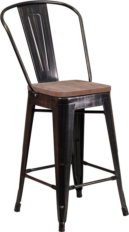 Flash Furniture 24″ High Black-Antique Gold Metal Counter Height Stool with Back and Wood Seat – CH-31320-24GB-BQ-WD-GG Fashion