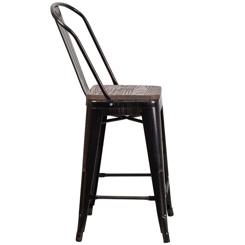 Flash Furniture 24″ High Black-Antique Gold Metal Counter Height Stool with Back and Wood Seat – CH-31320-24GB-BQ-WD-GG Fashion