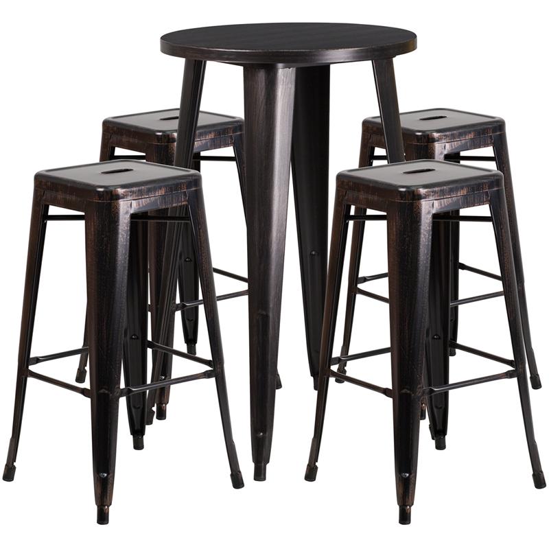 Flash Furniture 24” Round Black-Antique Gold Metal Indoor-Outdoor Bar Table Set with 4 Square Seat Backless Stools – CH-51080BH-4-30SQST-BQ-GG Online