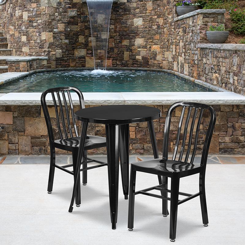Flash Furniture 24” Round Black Metal Indoor-Outdoor Table Set with 2 Vertical Slat Back Chairs – CH-51080TH-2-18VRT-BK-GG on Sale