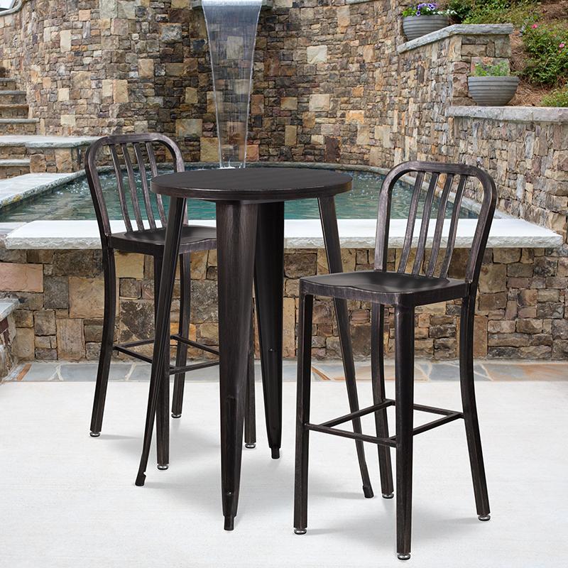 Flash Furniture 24” Round Black-Antique Gold Metal Indoor-Outdoor Bar Table Set with 2 Vertical Slat Back Stools – CH-51080BH-2-30VRT-BQ-GG Hot on Sale