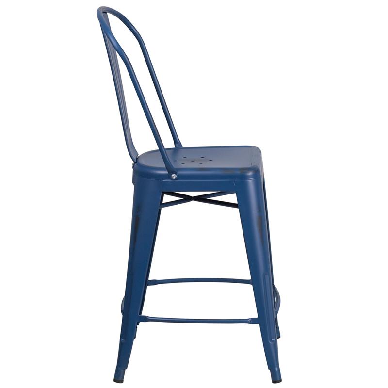 Flash Furniture 24” High Distressed Antique Blue Metal Indoor-Outdoor Counter Height Stool with Back – ET-3534-24-AB-GG Online Hot Sale