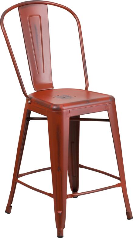 Flash Furniture 24” High Distressed Kelly Red Metal Indoor-Outdoor Counter Height Stool with Back – ET-3534-24-RD-GG Fashion