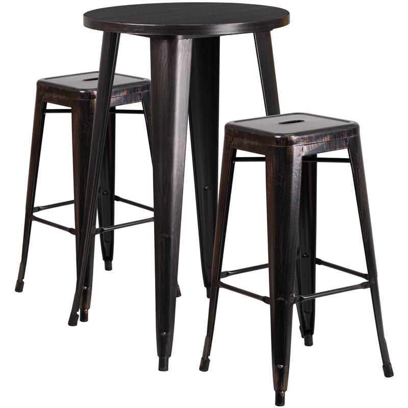 Flash Furniture 24” Round Black-Antique Gold Metal Indoor-Outdoor Bar Table Set with 2 Square Seat Backless Stools – CH-51080BH-2-30SQST-BQ-GG Online