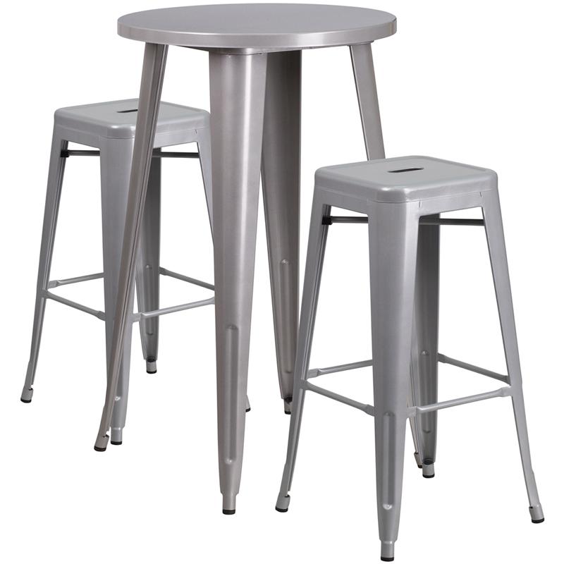 Flash Furniture 24” Round Silver Metal Indoor-Outdoor Bar Table Set with 2 Square Seat Backless Stools – CH-51080BH-2-30SQST-SIL-GG Supply