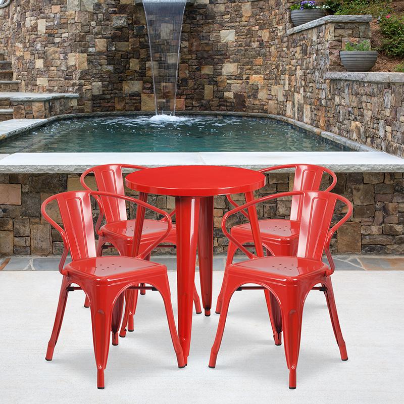 Flash Furniture 24” Round Red Metal Indoor-Outdoor Table Set with 4 Arm Chairs – CH-51080TH-4-18ARM-RED-GG Discount