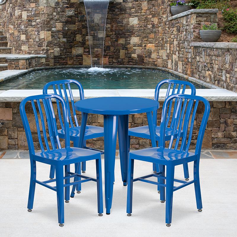 Flash Furniture 24” Round Blue Metal Indoor-Outdoor Table Set with 4 Vertical Slat Back Chairs – CH-51080TH-4-18VRT-BL-GG Hot on Sale
