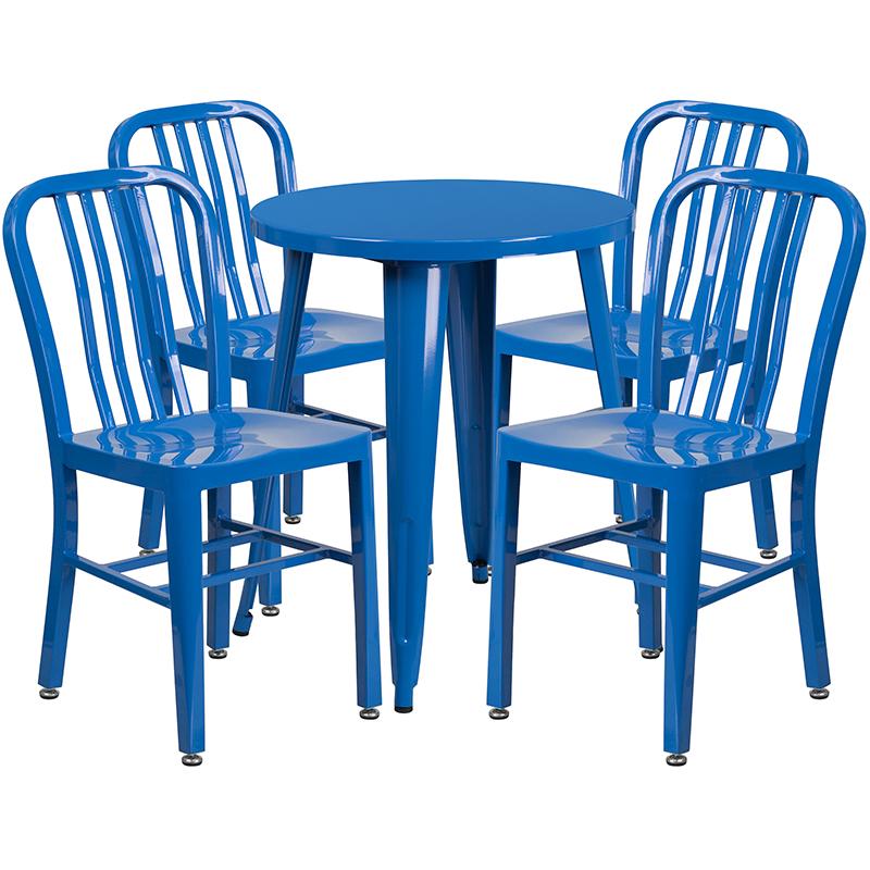 Flash Furniture 24” Round Blue Metal Indoor-Outdoor Table Set with 4 Vertical Slat Back Chairs – CH-51080TH-4-18VRT-BL-GG Hot on Sale