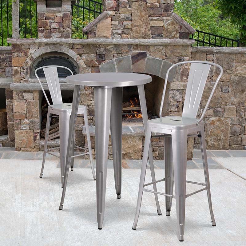 Flash Furniture 24” Round Silver Metal Indoor-Outdoor Bar Table Set with 2 Cafe Stools – CH-51080BH-2-30CAFE-SIL-GG Supply