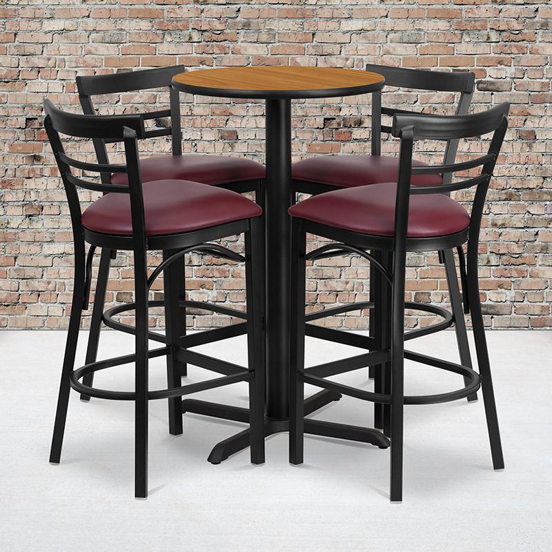 Flash Furniture 24” Round Natural Laminate Table Set with X-Base and 4 Two-Slat Ladder Back Metal Barstools – Burgundy Vinyl Seat – HDBF1039-GG Hot on Sale