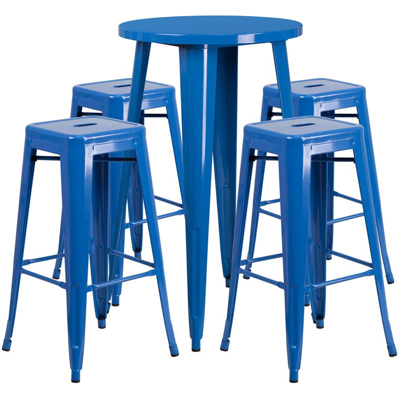 Flash Furniture 24” Round Blue Metal Indoor-Outdoor Bar Table Set with 4 Square Seat Backless Stools – CH-51080BH-4-30SQST-BL-GG Fashion