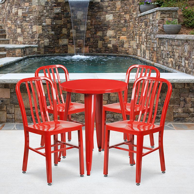 Flash Furniture 24” Round Red Metal Indoor-Outdoor Table Set with 4 Vertical Slat Back Chairs – CH-51080TH-4-18VRT-RED-GG Fashion
