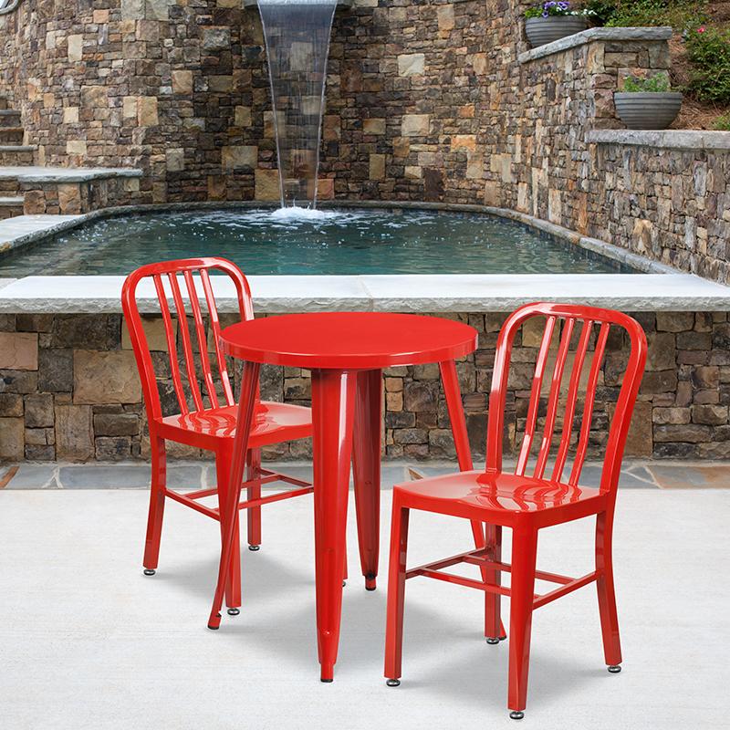 Flash Furniture 24” Round Red Metal Indoor-Outdoor Table Set with 2 Vertical Slat Back Chairs – CH-51080TH-2-18VRT-RED-GG Fashion
