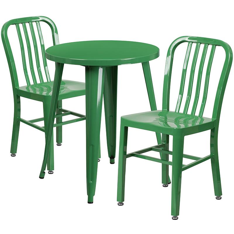 Flash Furniture 24” Round Green Metal Indoor-Outdoor Table Set with 2 Vertical Slat Back Chairs – CH-51080TH-2-18VRT-GN-GG Hot on Sale