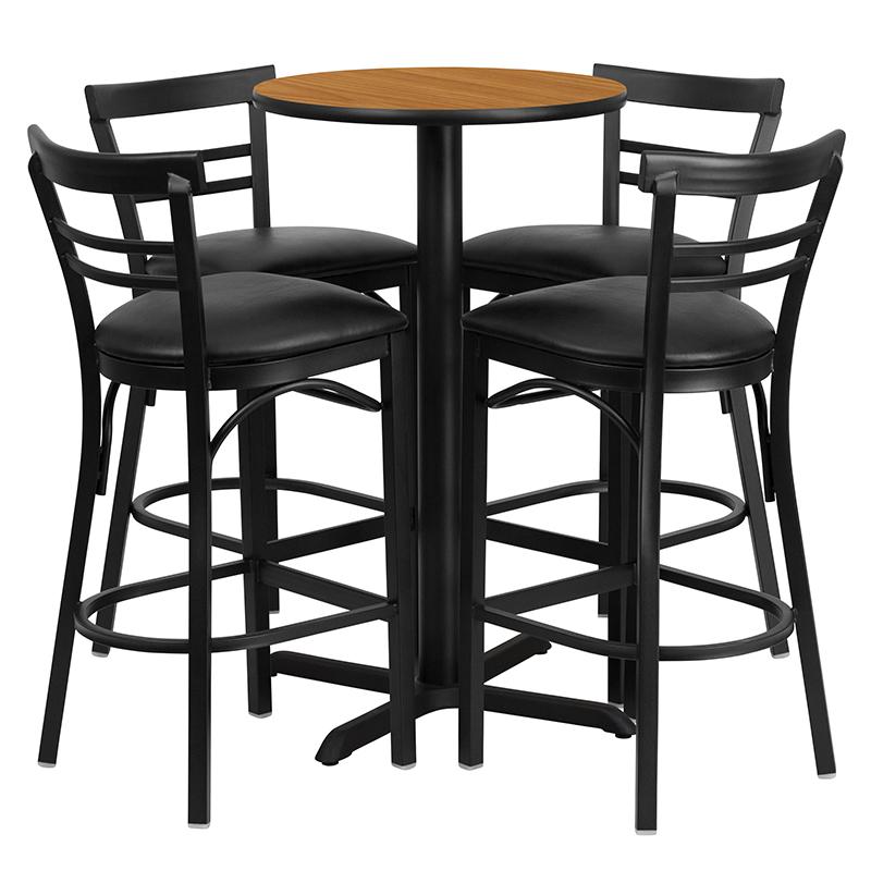 Flash Furniture 24” Round Natural Laminate Table Set with X-Base and 4 Two-Slat Ladder Back Metal Barstools – Black Vinyl Seat – HDBF1035-GG on Sale