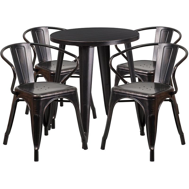 Flash Furniture 24” Round Black-Antique Gold Metal Indoor-Outdoor Table Set with 4 Arm Chairs – CH-51080TH-4-18ARM-BQ-GG Supply