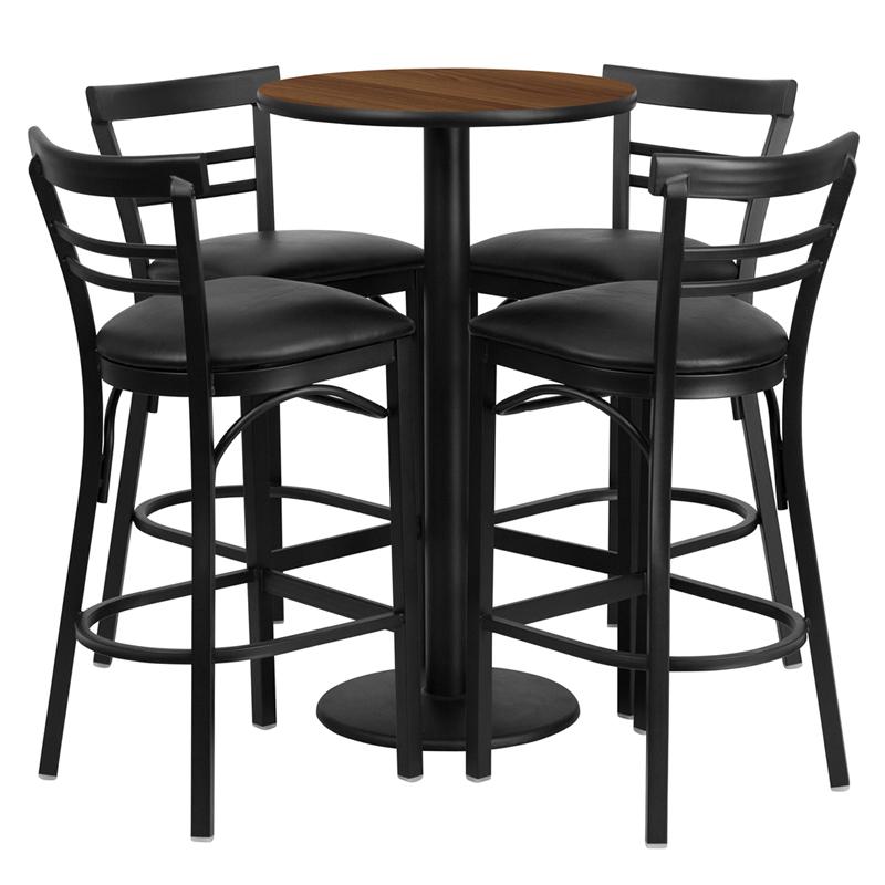 Flash Furniture 24” Round Walnut Laminate Table Set with Round Base and 4 Two-Slat Ladder Back Metal Barstools – Black Vinyl Seat – RSRB1036-GG Hot on Sale