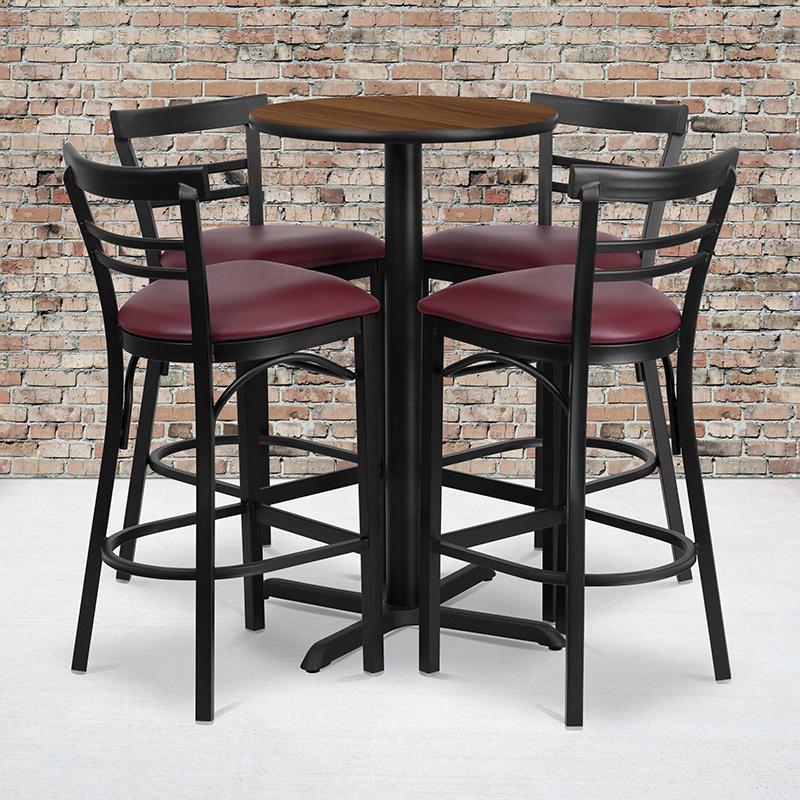 Flash Furniture 24” Round Walnut Laminate Table Set with X-Base and 4 Two-Slat Ladder Back Metal Barstools – Burgundy Vinyl Seat – HDBF1040-GG Hot on Sale