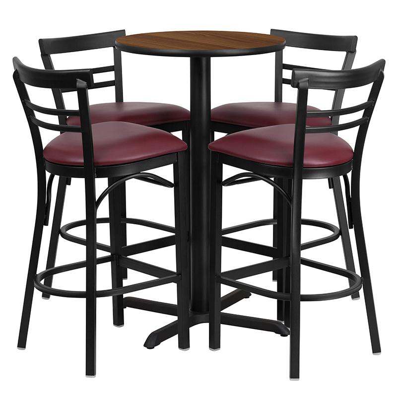 Flash Furniture 24” Round Walnut Laminate Table Set with X-Base and 4 Two-Slat Ladder Back Metal Barstools – Burgundy Vinyl Seat – HDBF1040-GG Hot on Sale