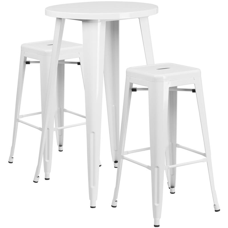 Flash Furniture 24” Round White Metal Indoor-Outdoor Bar Table Set with 2 Square Seat Backless Stools – CH-51080BH-2-30SQST-WH-GG Hot on Sale