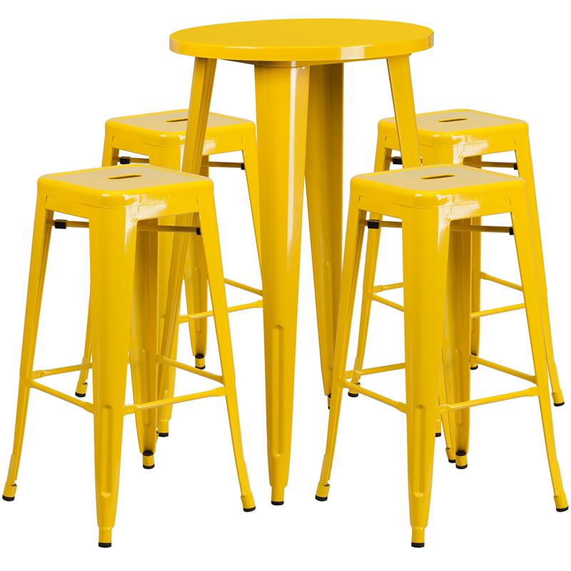 Flash Furniture 24” Round Yellow Metal Indoor-Outdoor Bar Table Set with 4 Square Seat Backless Stools – CH-51080BH-4-30SQST-YL-GG Online Hot Sale