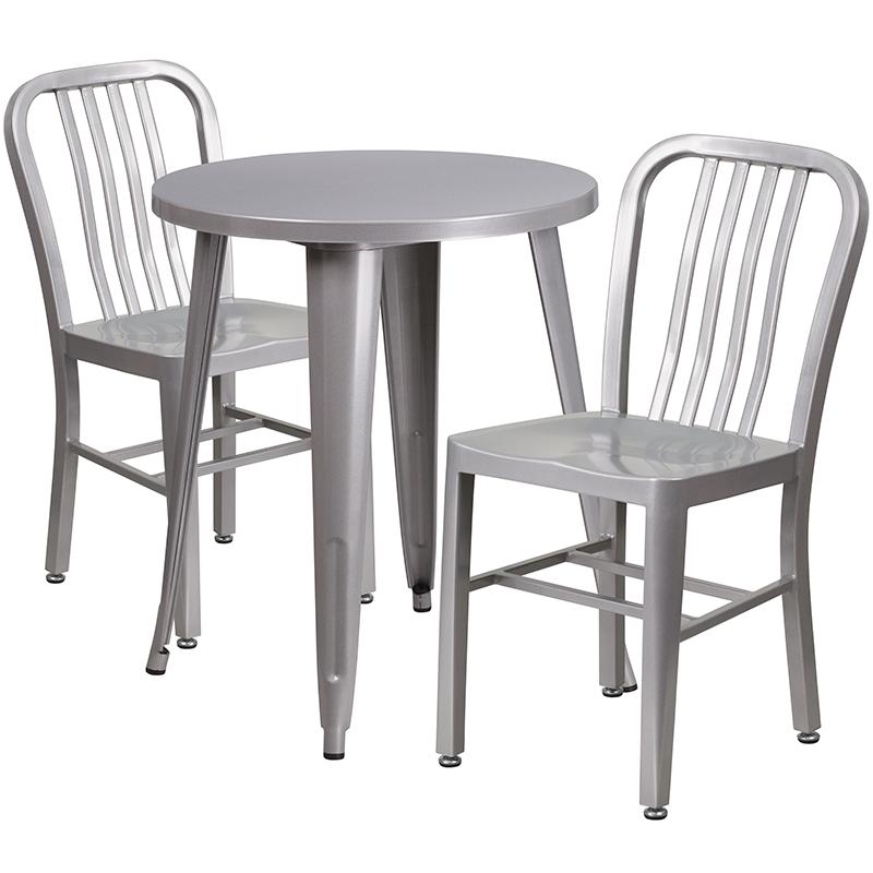 Flash Furniture 24” Round Silver Metal Indoor-Outdoor Table Set with 2 Vertical Slat Back Chairs – CH-51080TH-2-18VRT-SIL-GG Sale