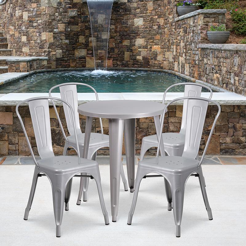 Flash Furniture 24” Round Silver Metal Indoor-Outdoor Table Set with 4 Cafe Chairs – CH-51080TH-4-18CAFE-SIL-GG Discount