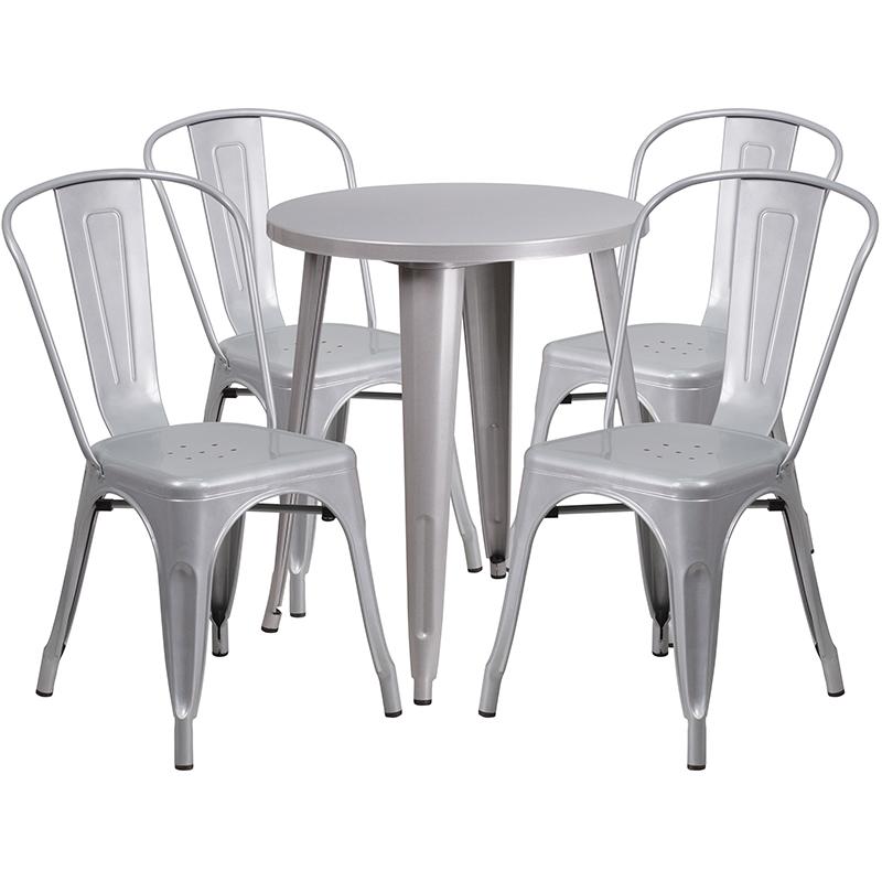 Flash Furniture 24” Round Silver Metal Indoor-Outdoor Table Set with 4 Cafe Chairs – CH-51080TH-4-18CAFE-SIL-GG Discount