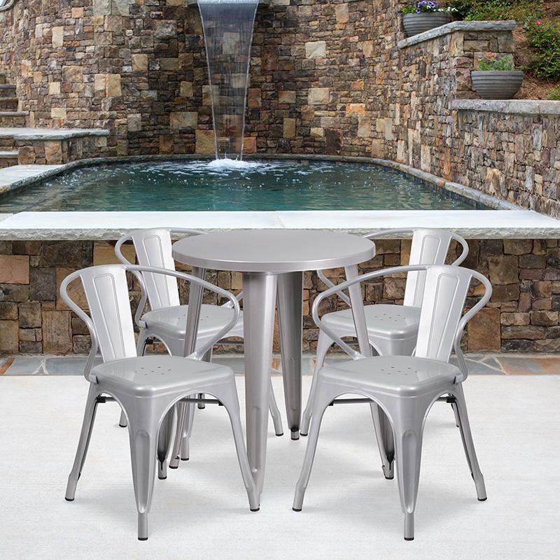 Flash Furniture 24” Round Silver Metal Indoor-Outdoor Table Set with 4 Arm Chairs – CH-51080TH-4-18ARM-SIL-GG Online Sale