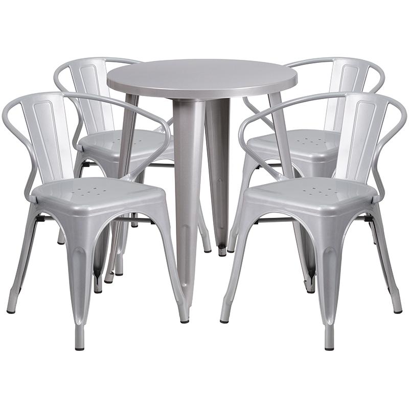 Flash Furniture 24” Round Silver Metal Indoor-Outdoor Table Set with 4 Arm Chairs – CH-51080TH-4-18ARM-SIL-GG Online Sale