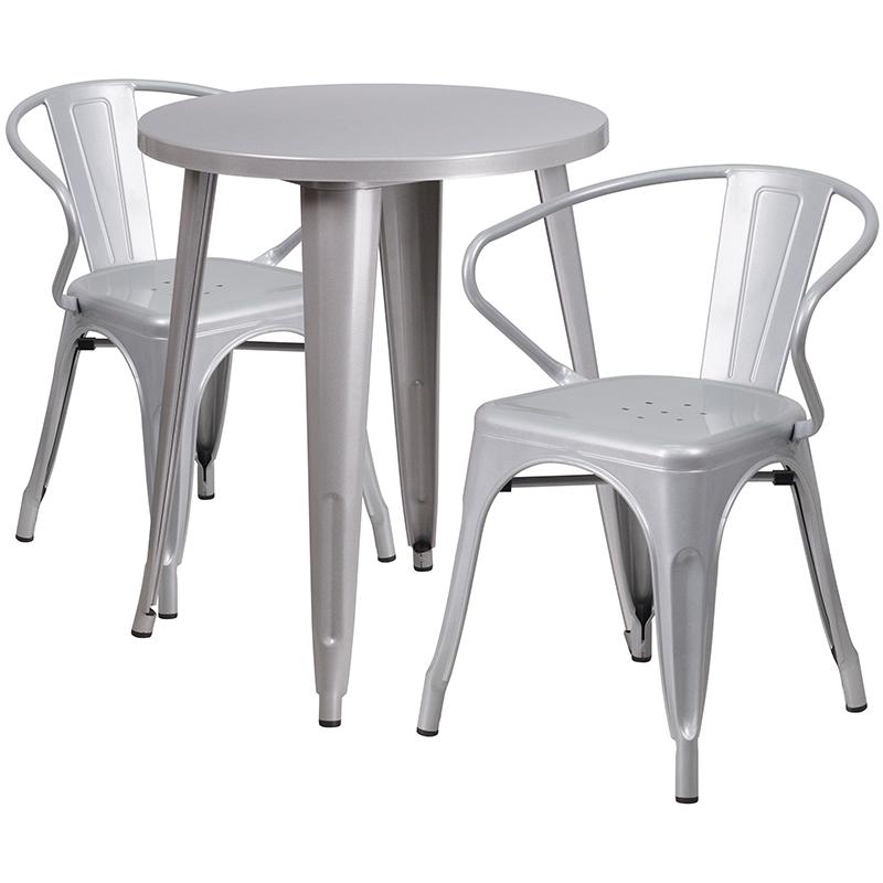 Flash Furniture 24” Round Silver Metal Indoor-Outdoor Table Set with 2 Arm Chairs – CH-51080TH-2-18ARM-SIL-GG Supply