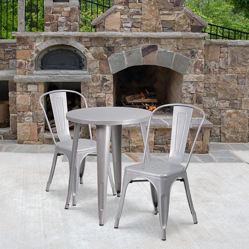 Flash Furniture 24” Round Silver Metal Indoor-Outdoor Table Set with 2 Cafe Chairs – CH-51080TH-2-18CAFE-SIL-GG Online
