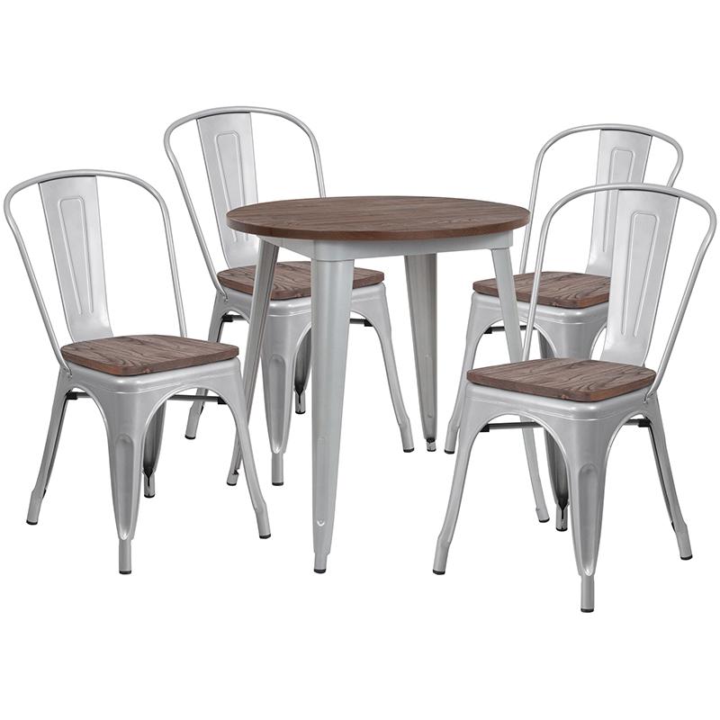 Flash Furniture 26″ Round Silver Metal Table Set with Wood Top and 4 Stack Chairs – CH-WD-TBCH-10-GG Sale