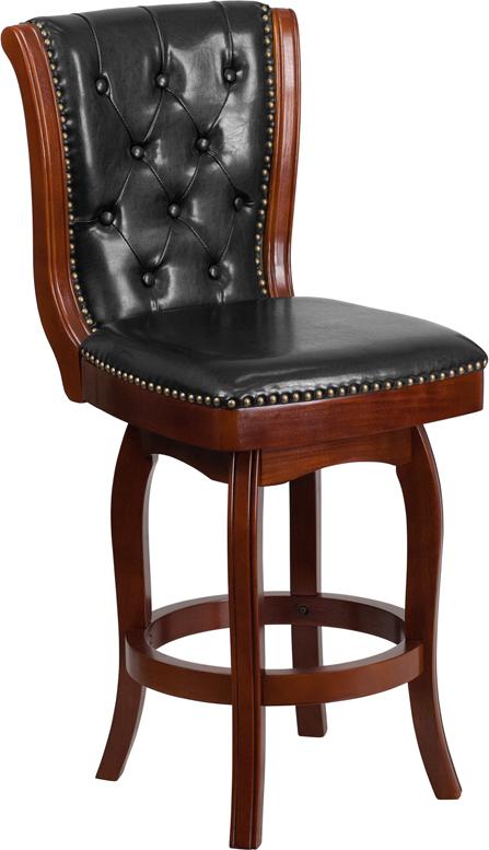 Flash Furniture 26” High Cherry Wood Counter Height Stool with Button Tufted Back and Black Leather Swivel Seat – TA-240126-CHY-GG Online Sale