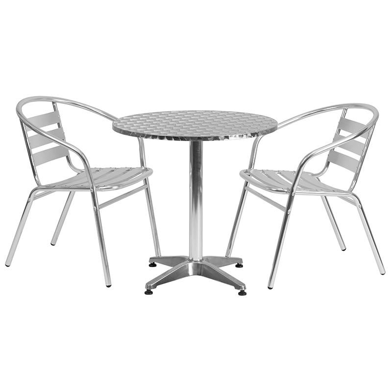 Flash Furniture 27.5” Round Aluminum Indoor-Outdoor Table Set with 2 Slat Back Chairs – TLH-ALUM-28RD-017BCHR2-GG Online Sale