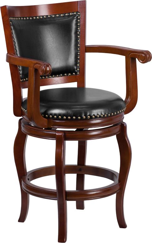 Flash Furniture 26” High Cherry Wood Counter Height Stool with Arms, Panel Back and Black Leather Swivel Seat – TA-2125-24-CHY-GG on Sale